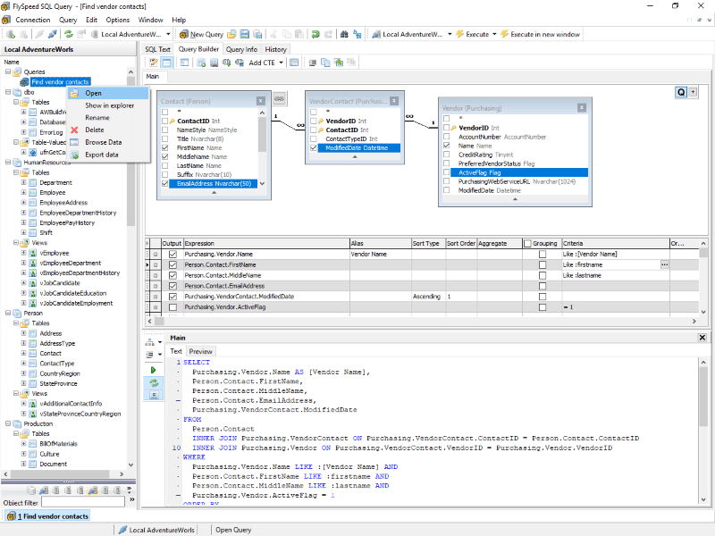 Combined visual query building with direct SQL text editing